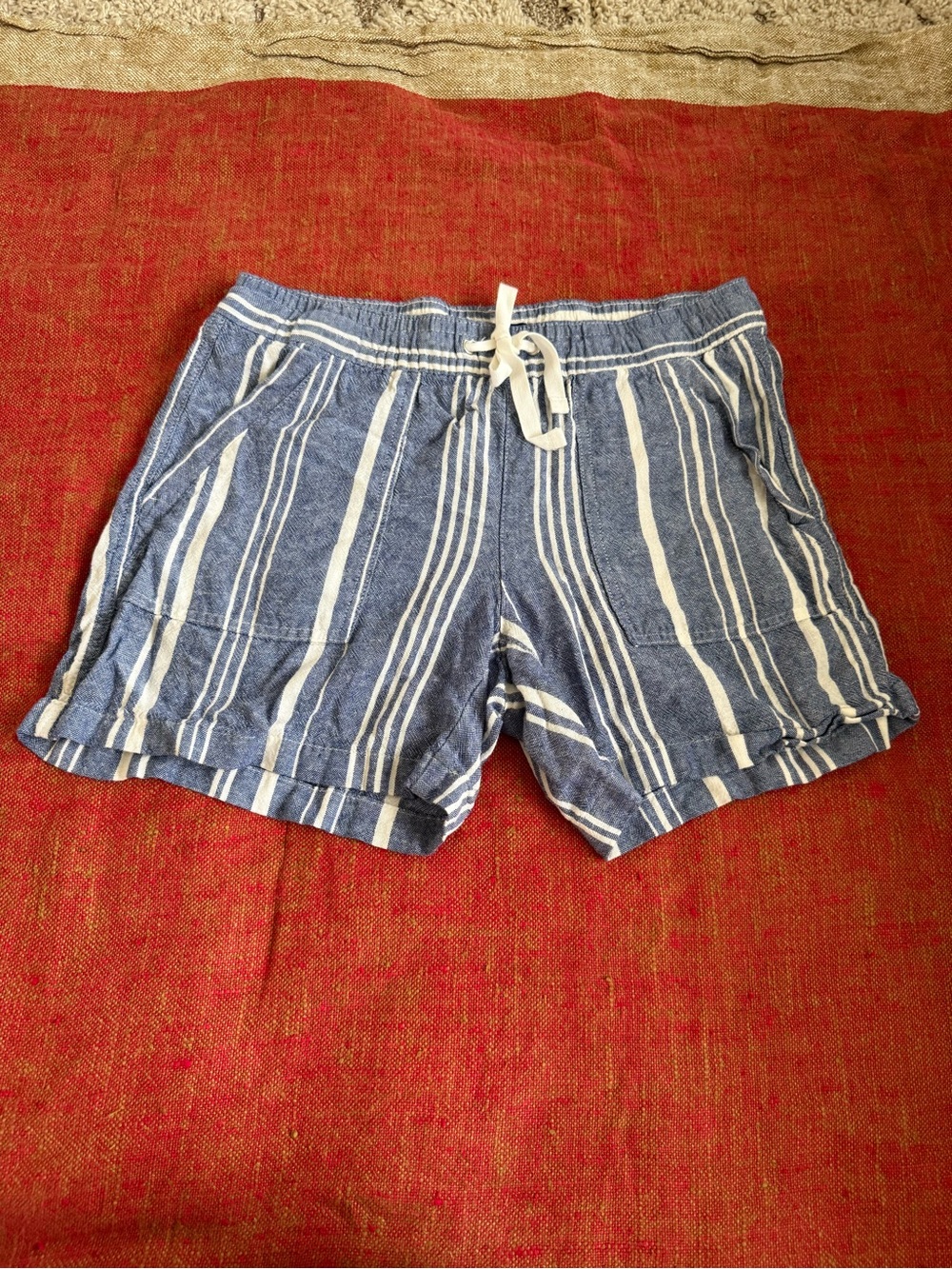 Nautica Women’s Striped Blue Linen-Blend Drawstring Shorts, size S, EUC